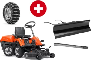 Husqvarna Frontmäher R 112C mit Mähdeck Combi 85 – Winterpaket mit Schneeschild, Gummileiste und Schneeketten – Modell 2023